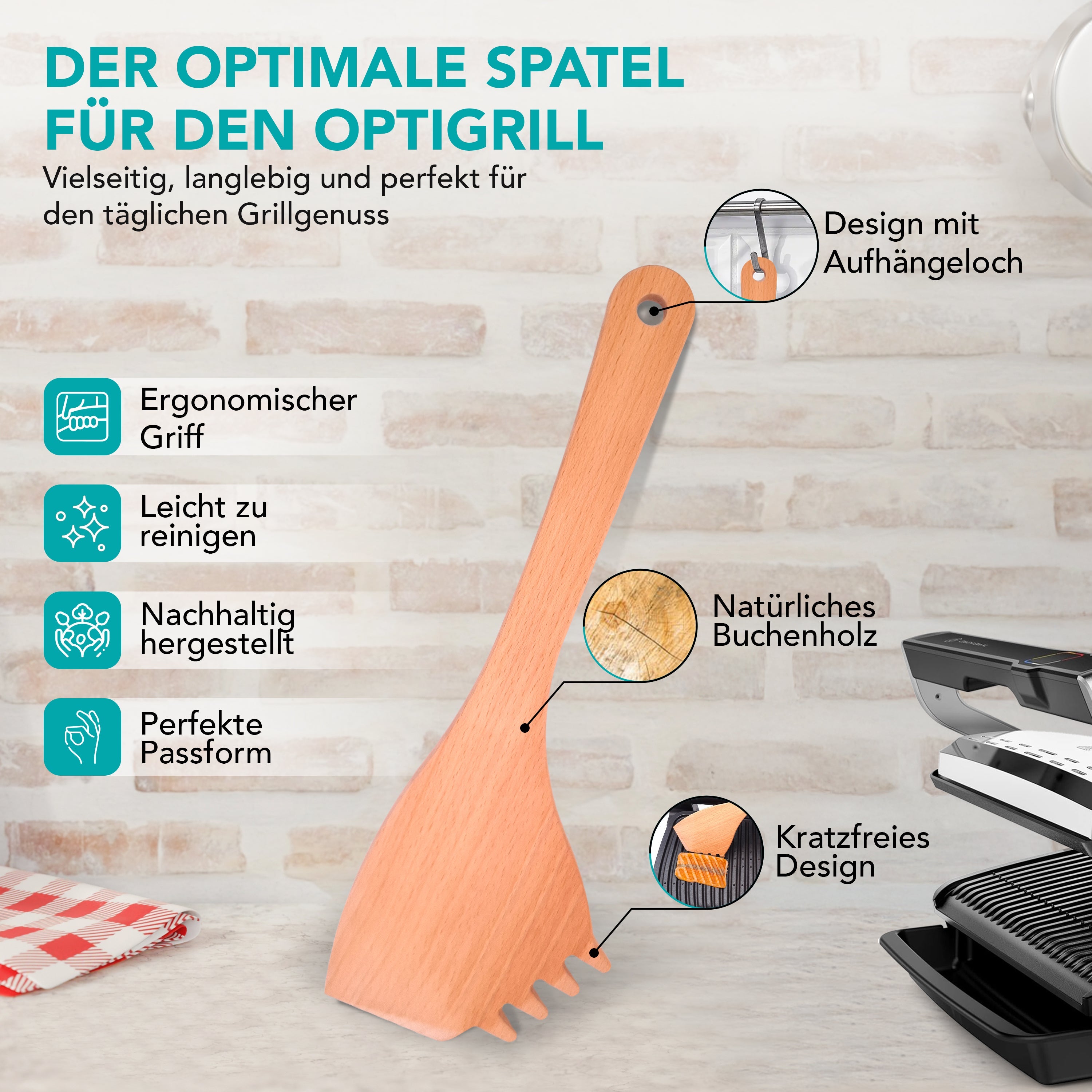OptiSpatel® | Pfannenwender aus Buchenholz für Tefal OptiGrill & OptiGrill XL