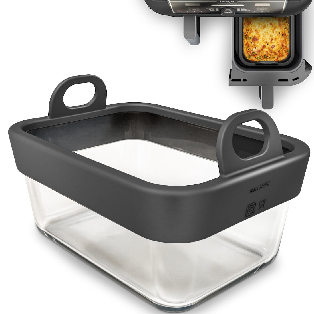 VentiFry Glasauflaufform für Airfryer mit Silikongriffen